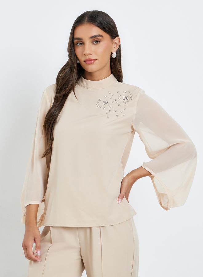 Styli Women Beige Rhinestone-Embellished Top and Pants Co-Ords - Image 1